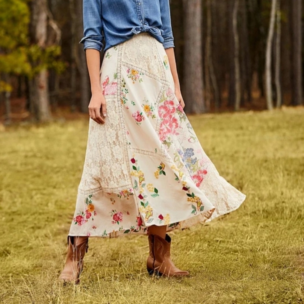 Reba Maxi Skirt 6 Cream Floral Cotton Lacey Lace Crochet A-Line Long New $180 - Picture 5 of 16